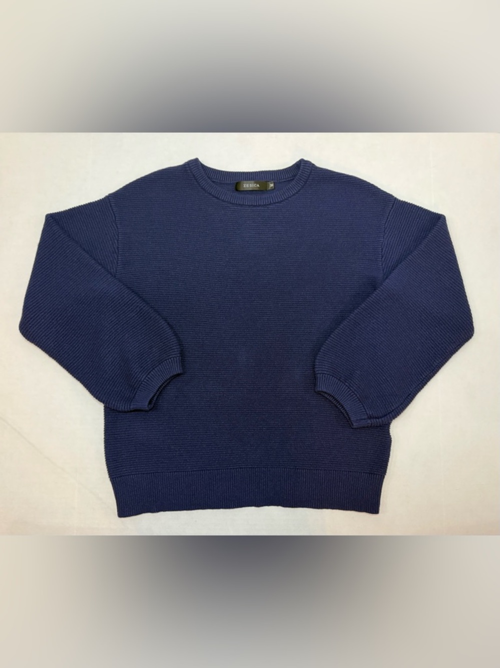 Zesica Lantern Sleeve Loose Ribbed Crewneck Pullover Sweater Navy Blue Size M